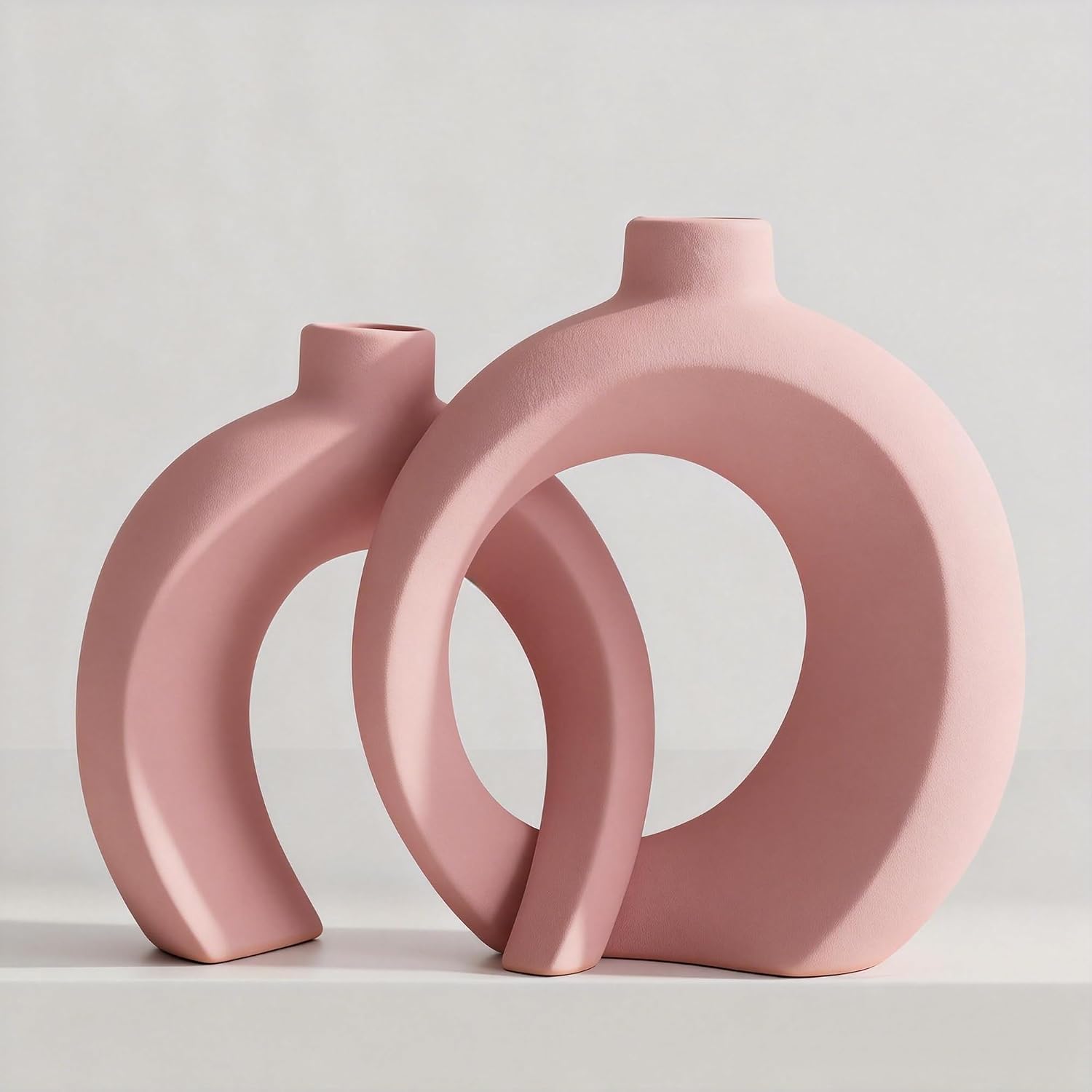 Set of 2 Pink Ceramic Vases for Home Decor Accents - Unique Hollow Donut Artistic Design Coquette Feminine Style Decorative Vases for Shelf, Mantel, Entryway Table Decor (Matte Pink)