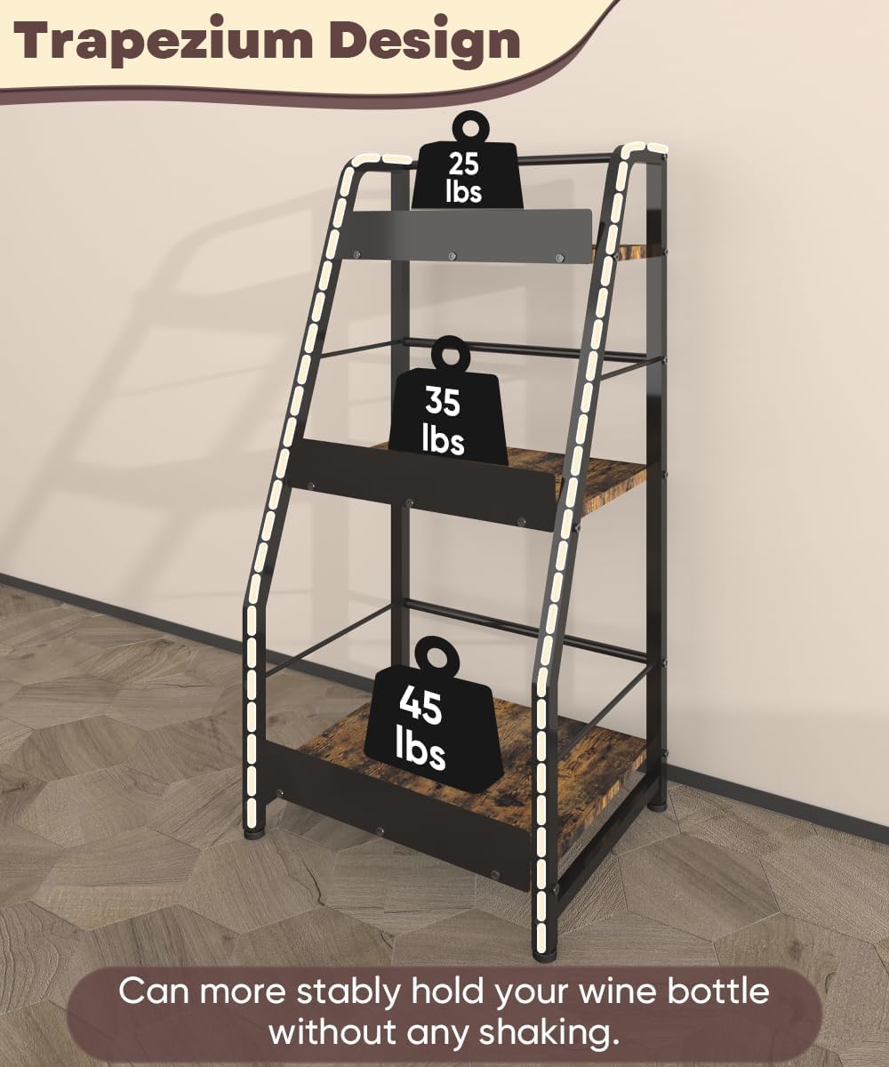 3-Tier Liquor Stand for Home Bar, Trapezoid Freestanding Whisky Bottle Holder with Fences, Stepped Versatile Liquor Bottle Display Shelf, Corner Floor Bar Stand for Liquor Storage, Black