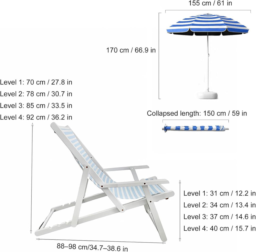 Kids Lounge Chair Outdoor, Kids Lounge Chair, Removable Striped Fabric Cushions, Outdoor Folding Deck Chair with Parasol, Portable & Lightweight for Backyard, Poolside(Blue)