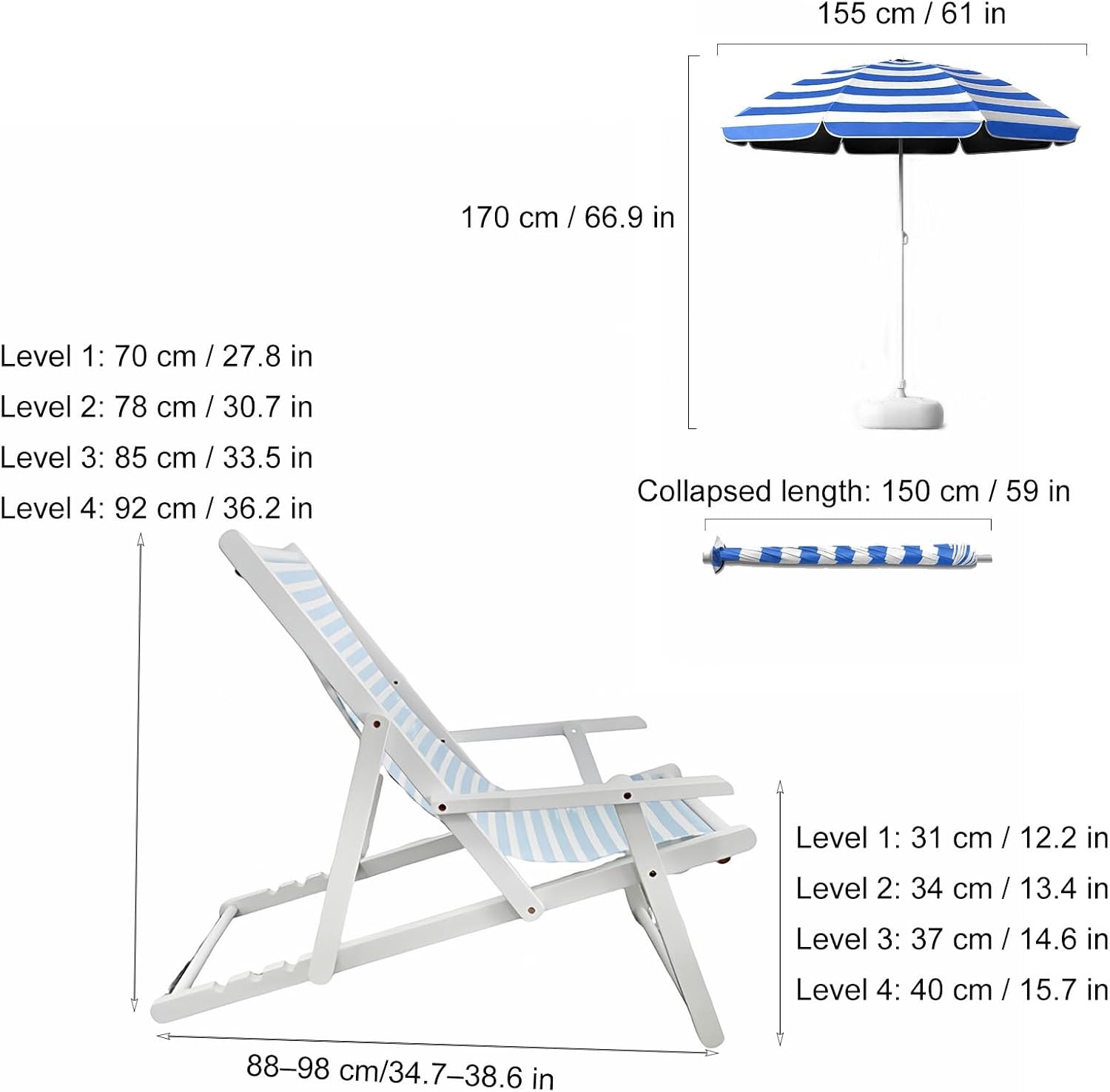 Kids Lounge Chair Outdoor, Kids Lounge Chair, Removable Striped Fabric Cushions, Outdoor Folding Deck Chair with Parasol, Portable & Lightweight for Backyard, Poolside(Blue)