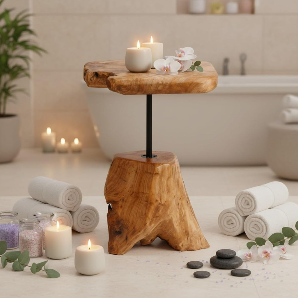 WELLAND Natural Edge Cedar Stump Side Table with Tree Root Base - Unique Handmade Wood Accent Table 14 W x 19" H