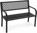 Heavy Duty Black Metal Patio Garden Bench for 2 – Durable Steel, Weather Resistant – Geometric Backrest – Ideal for Garden, Lawn, Yard Seating – Black