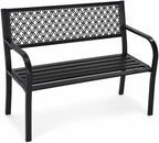 Heavy Duty Black Metal Patio Garden Bench for 2 – Durable Steel, Weather Resistant – Geometric Backrest – Ideal for Garden, Lawn, Yard Seating – Black