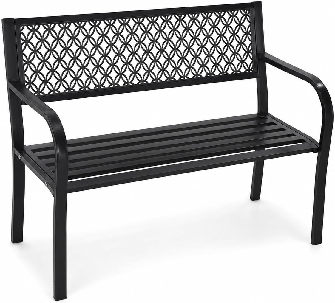 Heavy Duty Black Metal Patio Garden Bench for 2 – Durable Steel, Weather Resistant – Geometric Backrest – Ideal for Garden, Lawn, Yard Seating – Black