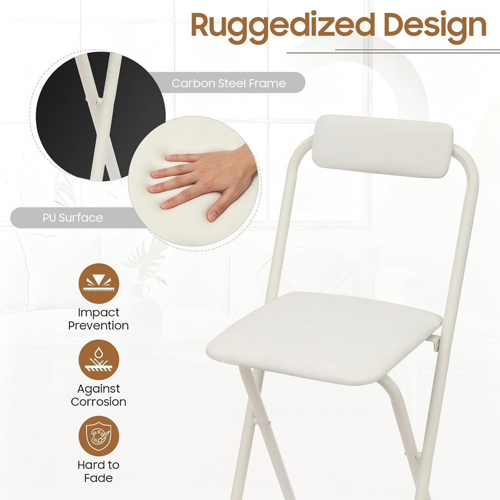 DYRABREST Folding Chair with Backrest, Tall Collapsible Stool, Steel Folding Bar Stool, Counter Height Seat with Leather Padded for Kitchen Island Shop Cafe Dining Room (1, White, 29.5 Inch)