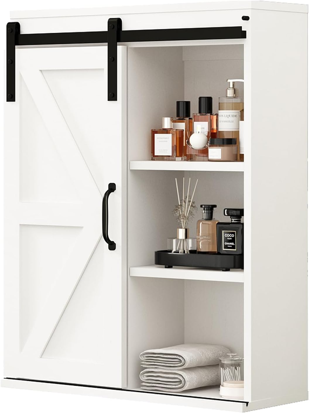 RUSTOWN Farmhouse Wood Wall Storage Bathroom Cabinet with Sliding Barn Door, Rustic Medicine Cabinet with Adjustable Shelf, 3-Tier Vintage Cabinet for Kitchen, Bathroom, Living Room (Vintage White)