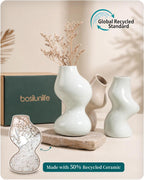 BosilunLife Decorative Vase Set of 3, Nested Interlocking Recycled Ceramic, Smooth Glossy Pastel Modern Decor, Sage Green & Khaki Centerpiece for Bookshelf