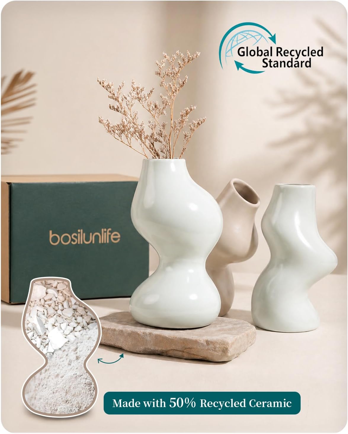 BosilunLife Decorative Vase Set of 3, Nested Interlocking Recycled Ceramic, Smooth Glossy Pastel Modern Decor, Sage Green & Khaki Centerpiece for Bookshelf