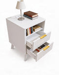 Curved Fluted Bedside Table with Charging Station, 18" End Table with 2 Storage Drawers, Sturdy Wood Side Table for Bedroom, Living Room, Small Spaces, Modern Home Decor,White