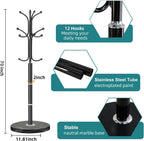 OIRUMIE Coat Rack,Coat Rack Stand with 12 Hooks,Coat Tree Stand for Corner | Coat Rack Freestanding with Natural Marble Base,Black Modern Coat Clothes Hall Tree Hanger Stand for Hallway,Entryway