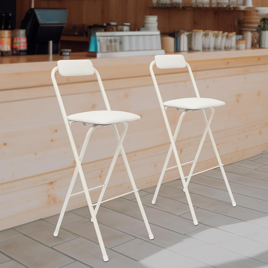 2-Pack White Folding Bar Chairs - 75cm Seat Height, Perfect for Any Space! Tall, Portable & Easy to Store. Great for Parties, Gardens & Home. Get Seating Sorted in a Snap!