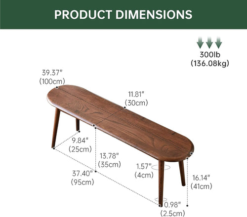 100% Solid Oak Wood Dining Bench, 39.5'' Entryway Bench Ottoman with Rounding Corner Design for Kitchen Living Room Bedroom, Walnut