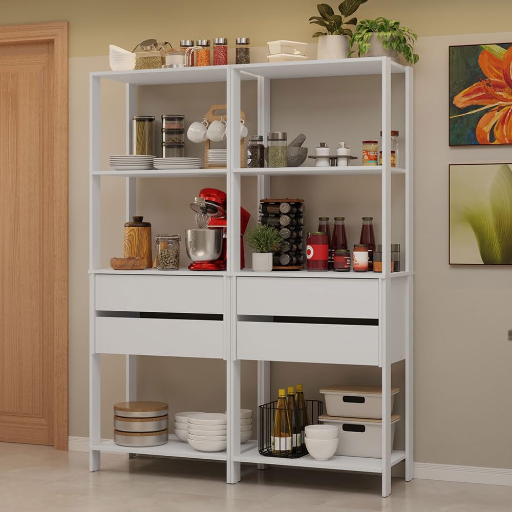 Madesa Kitchen Pantry Storage Rack with 4 Drawers and 6 Open Shelves 55" L Multiuse Modular Cabinet for Kitchen Organization - White