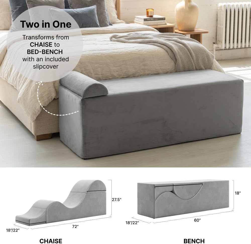 Avana Kami Convertible Chaise/Bed Bench for Yoga & Massage - 2-in-1 End of Bed Ottoman with Concealed Fold Out Yoga Lounge Chair, Microvelvet Grey