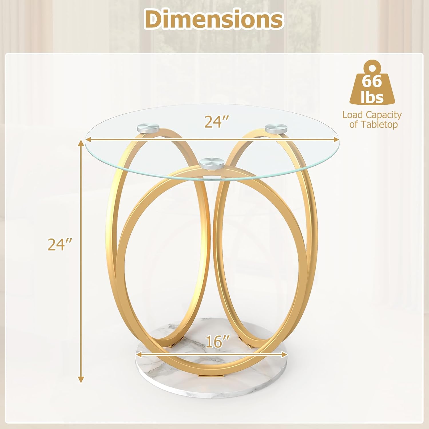 Giantex Round End Table Set of 2, Faux Marble Sofa Couch Side Table w/Tempered Glass Tabletop & Ring Gold Metal Frame, Small Coffee Tables for Decoration, Bedside Night Stand for Bedroom Living Room