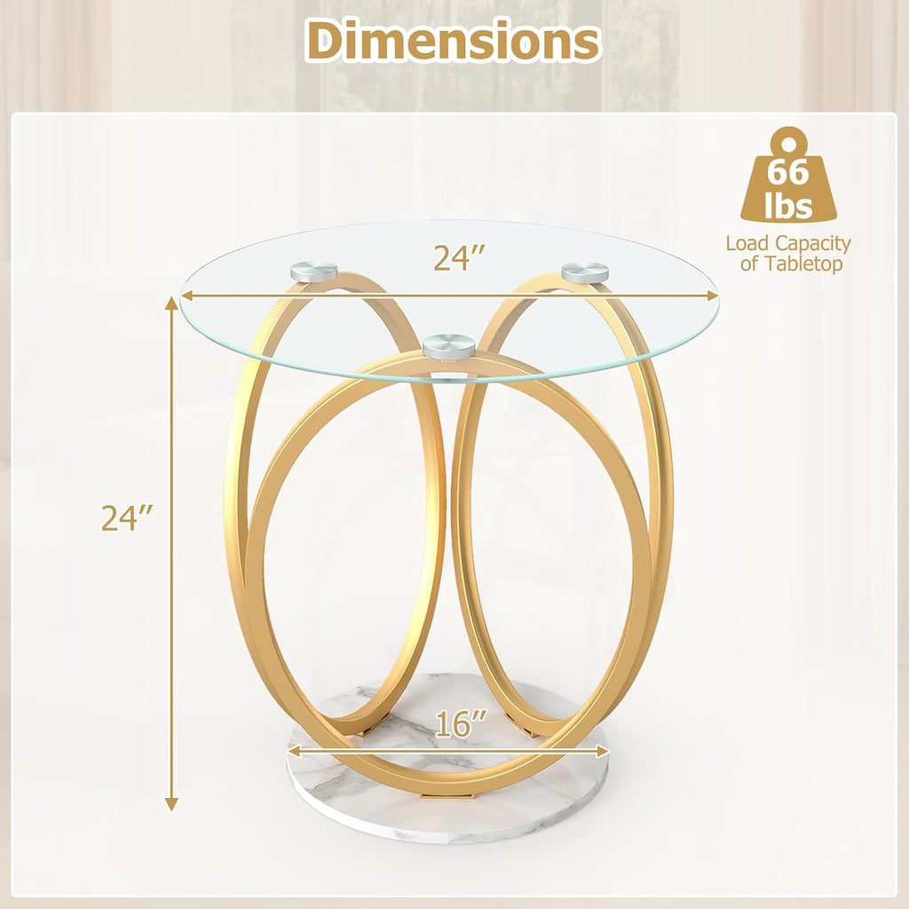Giantex Round End Table, Faux Marble Sofa Couch Side Table with Tempered Glass Tabletop & Ring Gold Metal Frame, Small Coffee Tables for Decoration, Bedside Night Stand for Bedroom Living Room