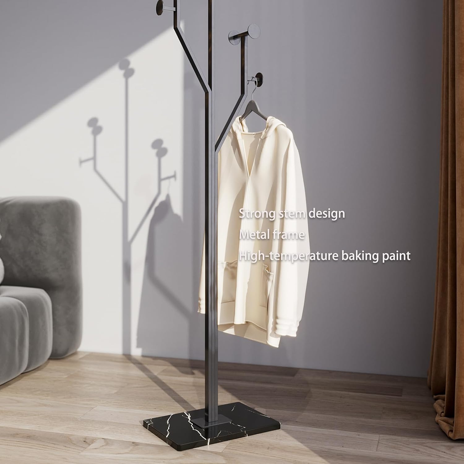 Sturdy Coat rack,Coat tree freestanding heavy duty with Marble Base,Metal standing coat rack for Bedroom,Entrance,Modern clothes hanger stand for Coats,Hats,Bags (black)