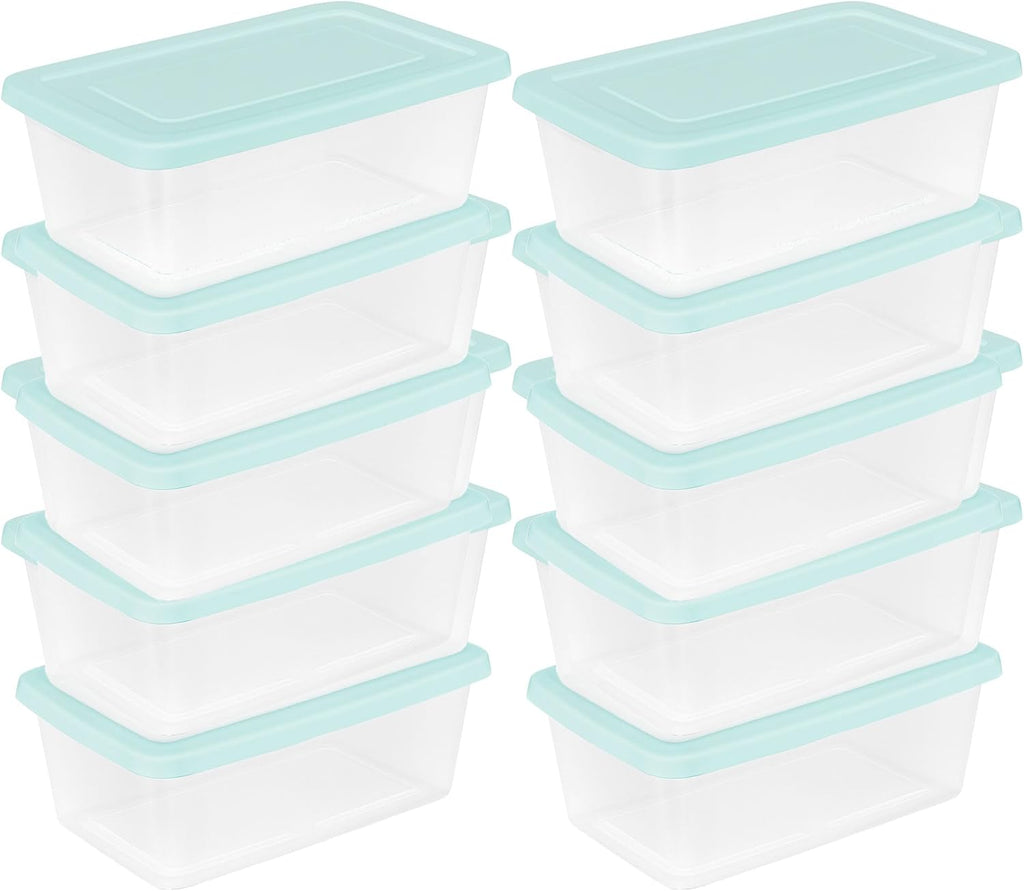 Sterilite Set of 10 Storage Boxes, Clear Plastic Stackable Containers, Lightweight Home Organizers with Snap Lids, 6 Quart, Mindful Mint