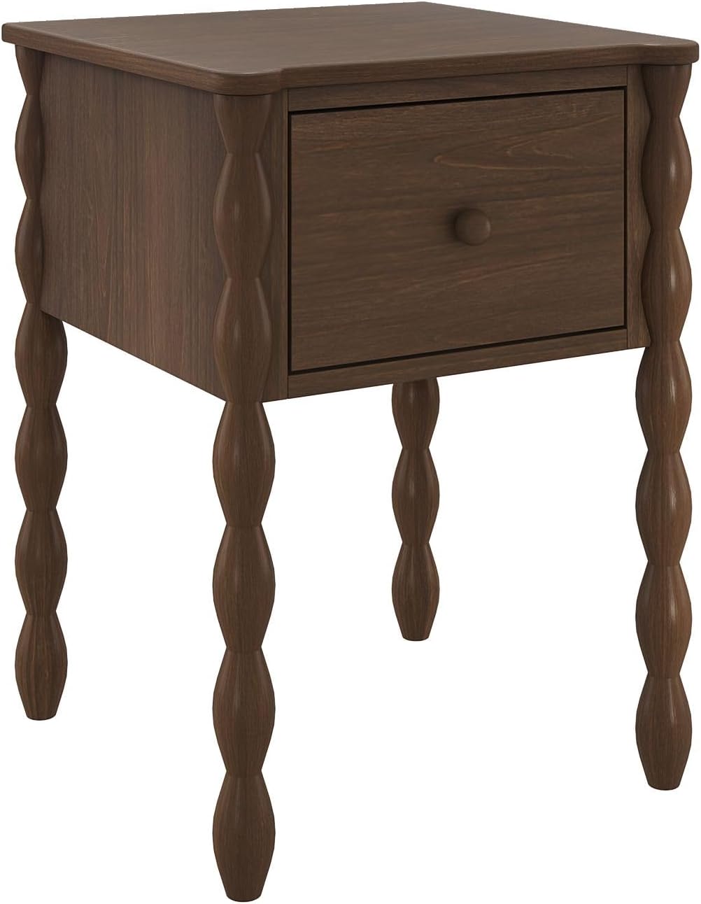 Max & Lily Jenny Kids Nightstand with 1 Drawer, Solid Pine Wood, Turned Spindle Legs, Low-VOC Finish, Vintage-Style Bedroom Side Table, Walnut