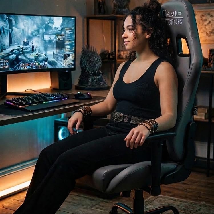 Game of Thrones - Gaming Chair or Office Chair, Adult Gamer Chair, Comfortable seat, Integrated headrest, Adjustable armrests and Height, Ergonomic backrest - Black