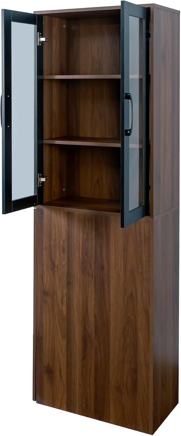 LUMISOL Tall Kitchen Pantry Cabinet with 4 Tier Pull-Out Storage Shelf, Kitchen Hutch Wooden Tall Bookshelf with 2 Glass Doors, Modern Display Storage Cabinet for Living Room Dining Room, Walnut
