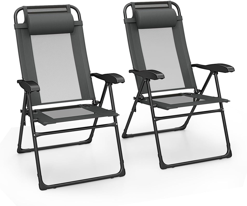 Giantex Set of 2 Patio Folding Chairs, Portable Outdoor Dining Chairs with 7-Level Adjustable Backrest, Headrest, Metal Frame, Outside Recliner for Front Porch Camping Picnic Lawn Garden, Dark Gray
