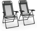 Giantex Set of 2 Patio Folding Chairs, Portable Outdoor Dining Chairs with 7-Level Adjustable Backrest, Headrest, Metal Frame, Outside Recliner for Front Porch Camping Picnic Lawn Garden, Dark Gray