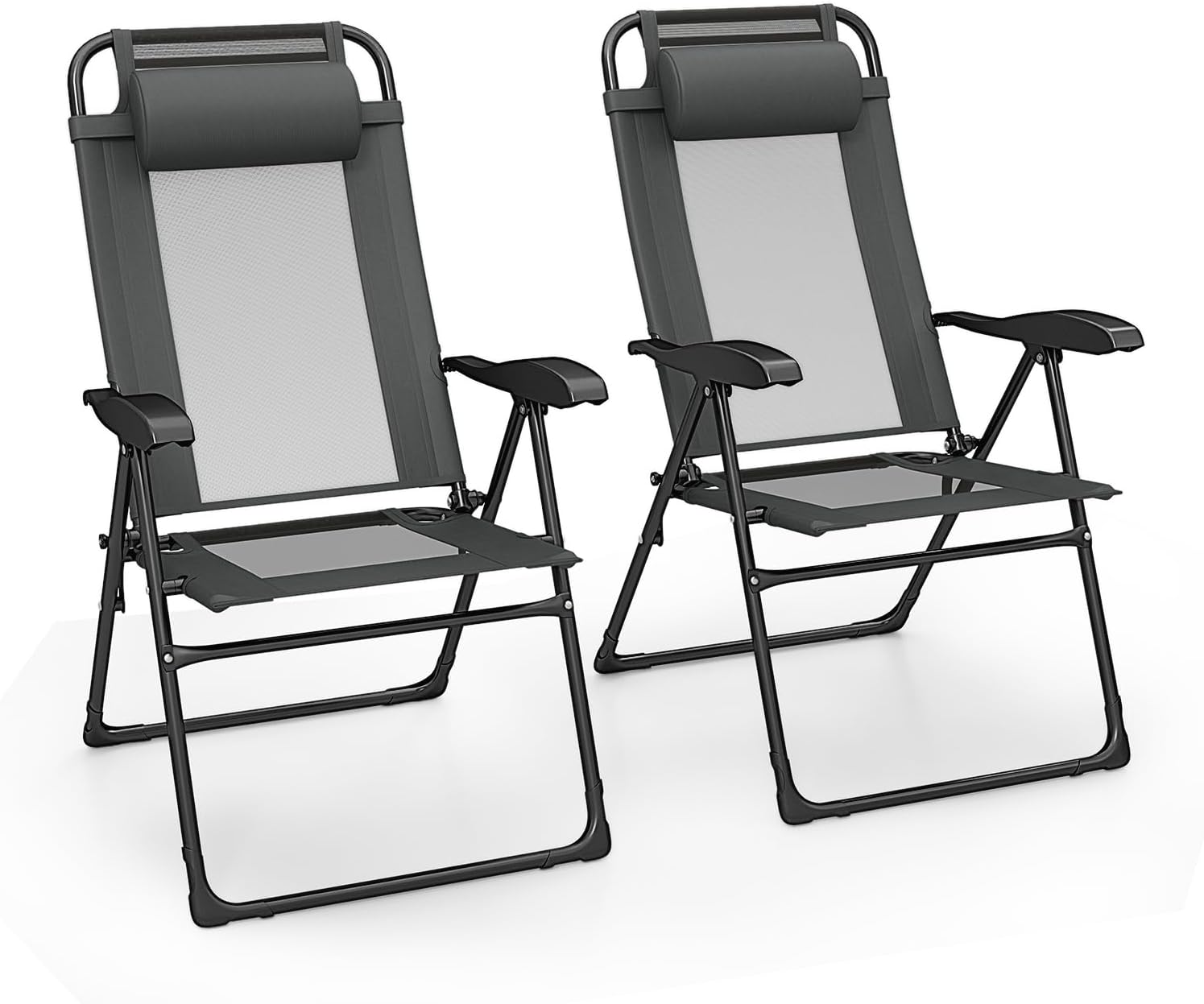 Giantex Set of 2 Patio Folding Chairs, Portable Outdoor Dining Chairs with 7-Level Adjustable Backrest, Headrest, Metal Frame, Outside Recliner for Front Porch Camping Picnic Lawn Garden, Dark Gray
