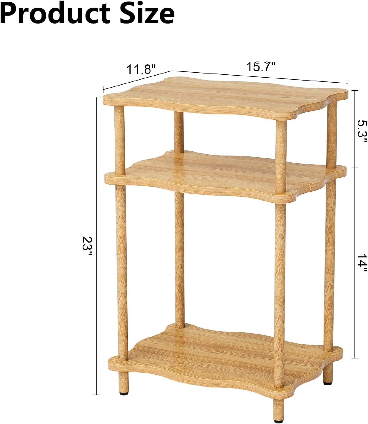 THUMEYE 3-Tier Side Table, 15.7”x11.8”x23” Space-Saving End Table with Solid Wood Legs, Tool-Free Assembly Nightstand for Bedroom Living Room, Burlywood