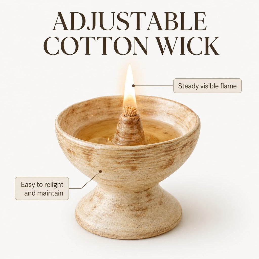 Handmade Ceramic Oil Lamp – Refillable Butter/Ghee Diya with Cotton Wick for Meditation Altar & Calm Home Decor (Wheat)