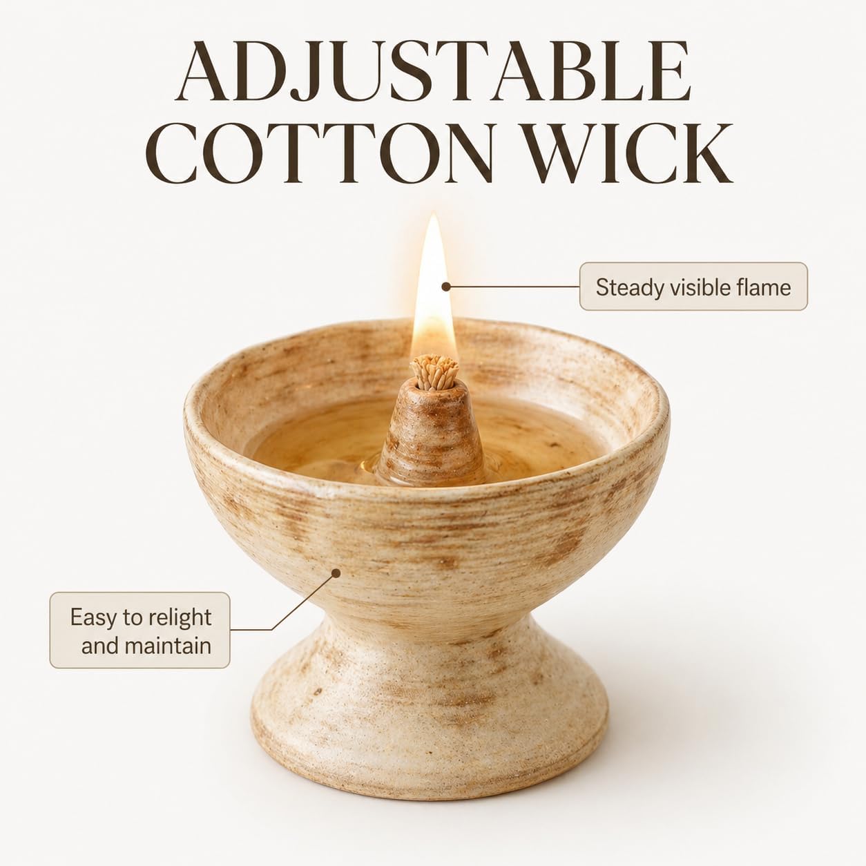 Handmade Ceramic Oil Lamp – Refillable Butter/Ghee Diya with Cotton Wick for Meditation Altar & Calm Home Decor (Wheat)