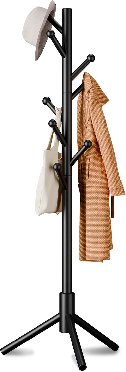 Coat Rack, Coat Racks Freestanding with 8 Hooks 3 Adjustable Heights for Clothes, Hats, Handbags, Coat Tree Easy Assembly for Entryway, Bedroom, Hallway, Office(Black)