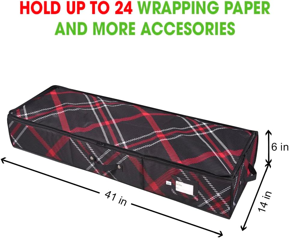 Propik Wrapping Paper Storage Container | Gift Wrap Organizer Under Bed | 41”x14”x6” | Box Holder for 18-24 Rolls Up to 40” | 600D Oxford Material | Pockets for Ribbon, Bows and Accessories (Plaid)