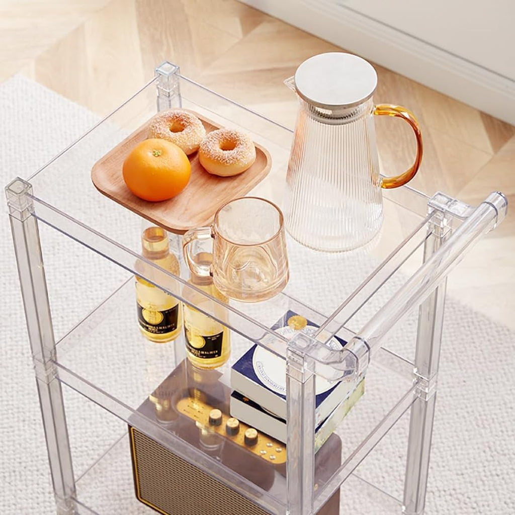 Acrylic Side Table, 3-Tier Acrylic Bar Cart with Wheels and Handle, Clear Multifunction Small Spaces Rolling Serving for Kitchen Living Room Dining Laundry(Blue)