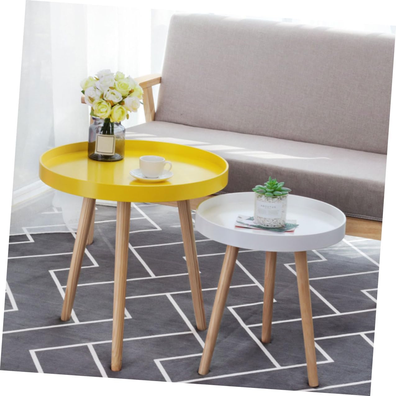 Nordic Style Mini Round Tea Table Small Yellow Sofa Side Table for Living Room Balcony and Bedroom