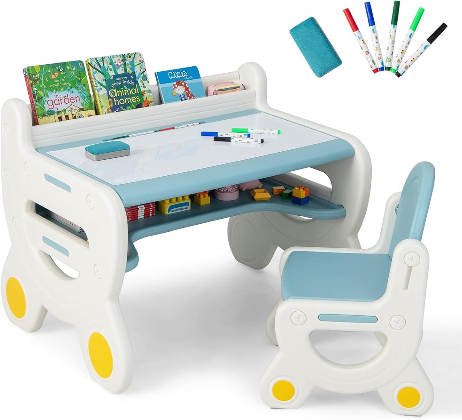 Costzon Toddler Table and Chair Set, Plastic Activity Desk w/Whiteboard, Watercolor Pens, Blackboard Eraser & Storage Shelf for Drawing Reading Dinning, Kids Table and Chair (Blue)
