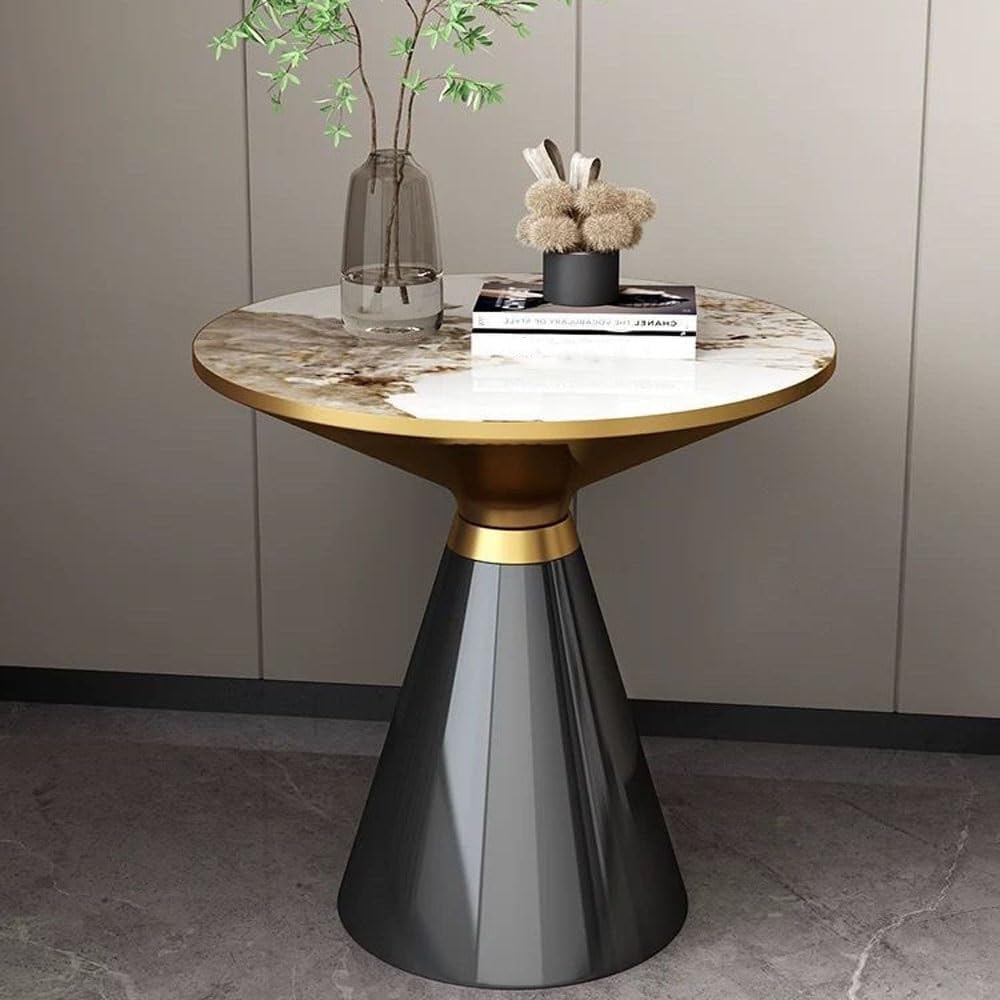 Carbon Steel Paint Side Table, Modern End Table with Rock Slab, Round Coffee Table, Floor-Standing Drink Tables for Small Spaces, Simple Corner Table for Living Room, Bedroom(Black,50cm/19.7in)