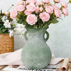 Green Glass Vase with Handles, 7.5 Inch Rustic pottery Style Flower Vase, Vintage Decorative Round Bud Jar for Dried Flowers, Earthy Aesthetic Centerpiece for Modern Farmhouse & Boho Spring Home Decor