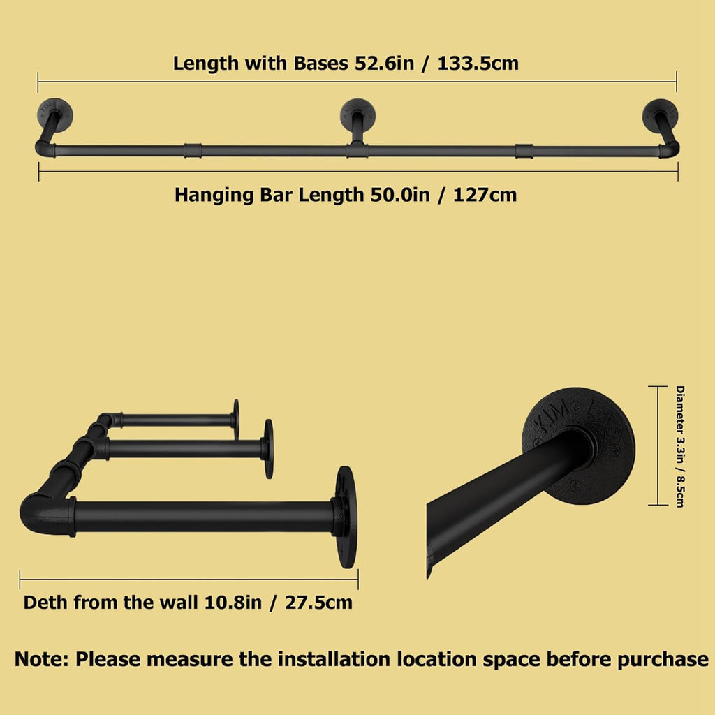 Wall Mounted Clothes Rack 52.6in, Industrial Pipe Clothing Racks Wall Mount, Heavy Duty Detachable Iron Garment Bar, Saving Space, Multi-Purpose Hanging Rod for Bedroom, Laundry Room, 2 Packs