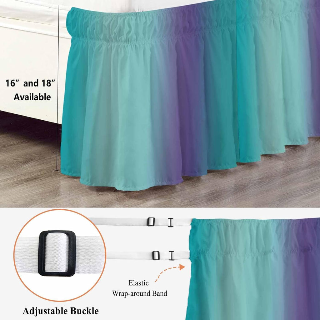 Teal Purple Ombre Bed Skirt King Size 18 Inch Drop, Wrap Around Bed Skirts, Modern Art Abstract Aesthetics Elastic Bedskirt Pleated Bed Frame Cover Luxurious Dust Ruffle for King Bed