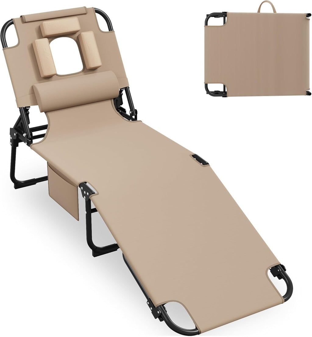 400lbs Tanning Chair with Face Hole, 5-Position Folding Chaise Lounge Chair with Side Pockets, Portable Beach Lounge Chair for Outdoor Sunbathing Patio Pool Lawn, Beige