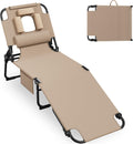 400lbs Tanning Chair with Face Hole, 5-Position Folding Chaise Lounge Chair with Side Pockets, Portable Beach Lounge Chair for Outdoor Sunbathing Patio Pool Lawn, Beige