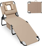 400lbs Tanning Chair with Face Hole, 5-Position Folding Chaise Lounge Chair with Side Pockets, Portable Beach Lounge Chair for Outdoor Sunbathing Patio Pool Lawn, Beige