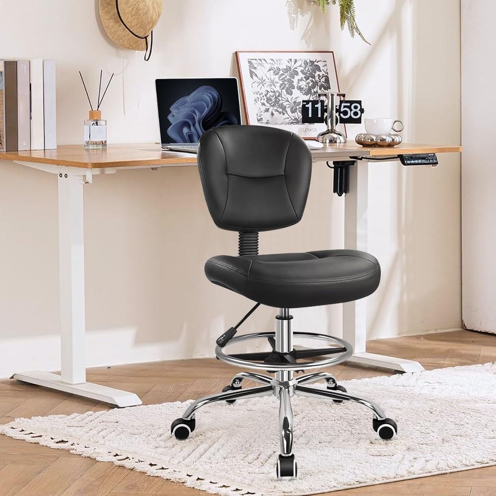WKWKER Drafting Chair with Back Footrest Adjustable Office Chair (Black) | adjustable desk chair, drafting stool with backrest, counter task chair, suitable for Lab Kitchen salon bar counter workbench