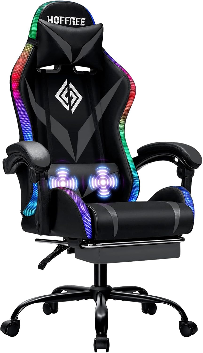 RGB Gaming Chair with LED Lights Massage Ergonomic Game Chairs for Adults High Back Reclining Computer Chair with Footrest Video Game Chair Lumbar Support Racing Style Gamer Chair Grey and Black