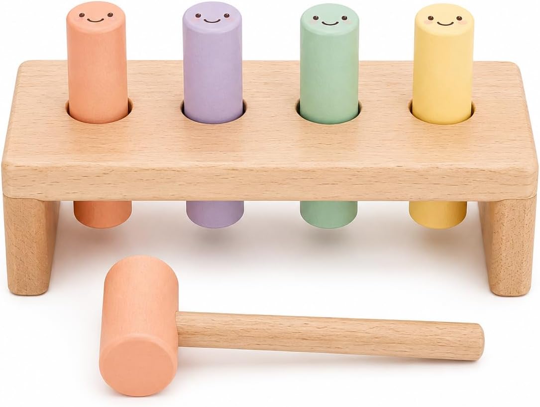 Juju Wooden Peg Bench Nursery Decor – Natural Beechwood Frame with 4 Sherbet Pastel Smiley Pegs and Matching Mallet – Tap-Through and Flip-to-Reset Design – Soft Satin Wood Shelf Accent