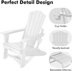 LETKIND Folding Adirondack Chair with Retractable Ottoman Set of 2, All Weather Fire Pit Chairs with Cup Holder, Outdoor Chair with Ottoman,White