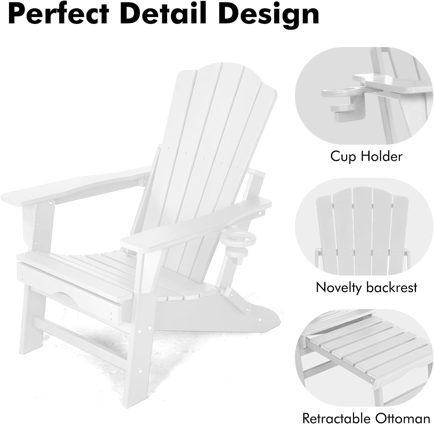 LETKIND Folding Adirondack Chair with Retractable Ottoman Set of 2, All Weather Fire Pit Chairs with Cup Holder, Outdoor Chair with Ottoman,White