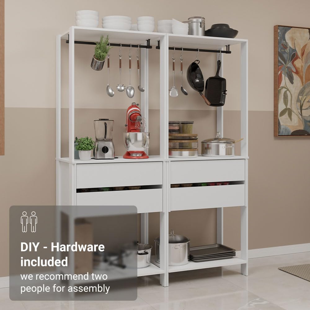 Madesa Kitchen Pantry Storage Rack with 4 Drawers 4 Shelves and 2 Hanging Rods 55" L Modular Multiuse Cabinet for Kitchen Organization - White