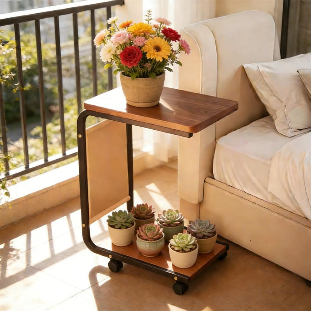 Side Table - C-Shaped End Table, Small Side Table for Couch, Sofa Bed Bathroom Study TV Tray C Shaped End Table Food Snack Trays for Eating (with Wheels)